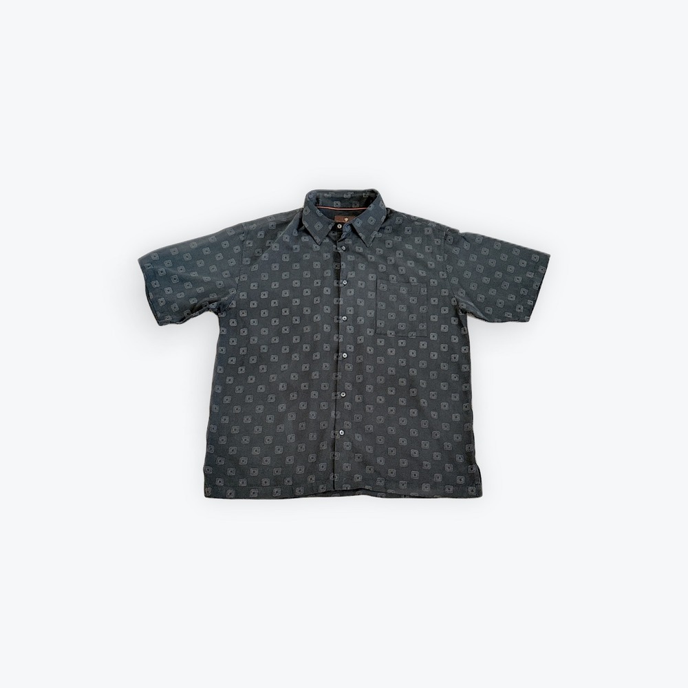 Toscano Mens XL Silk Button Down Shirt Black Grey Geometric Square Short Sleeve